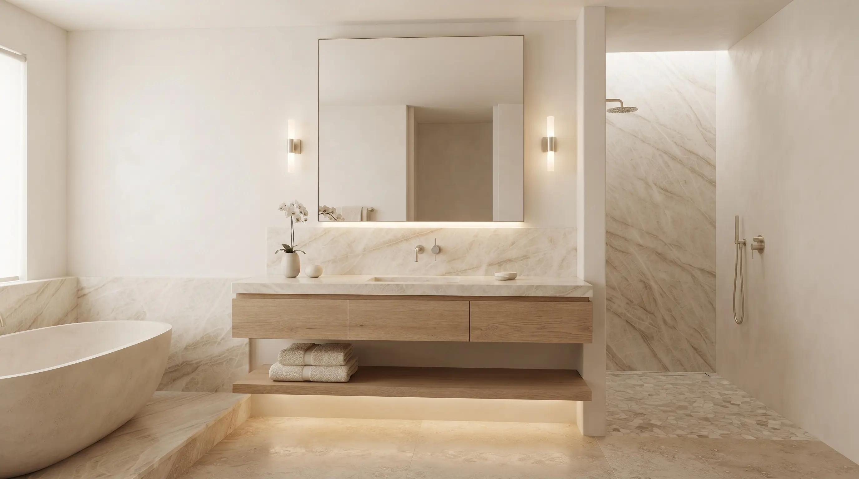Taj Mahal quartzite vanity with warm stone tone
