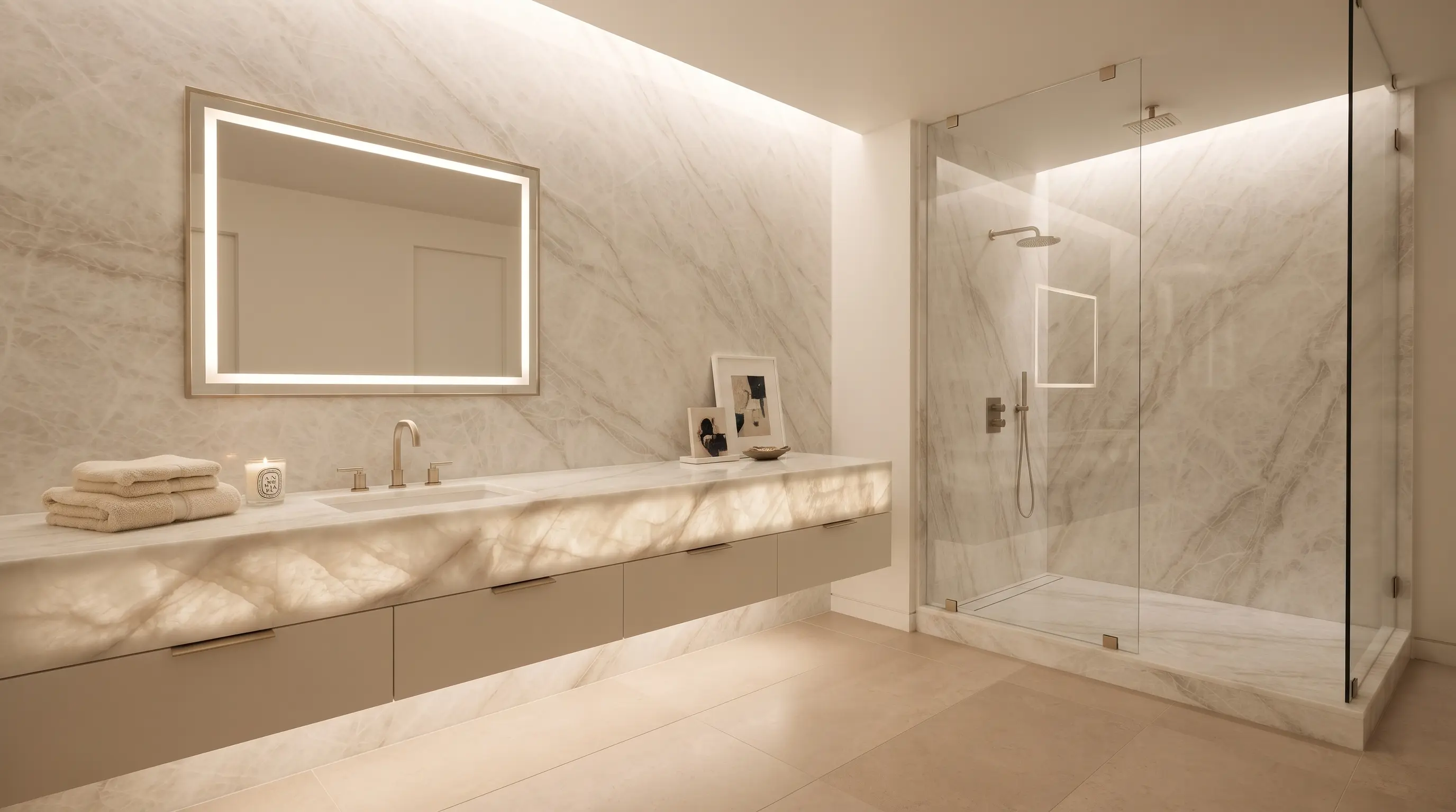 Taj Mahal quartzite vanity and wall application