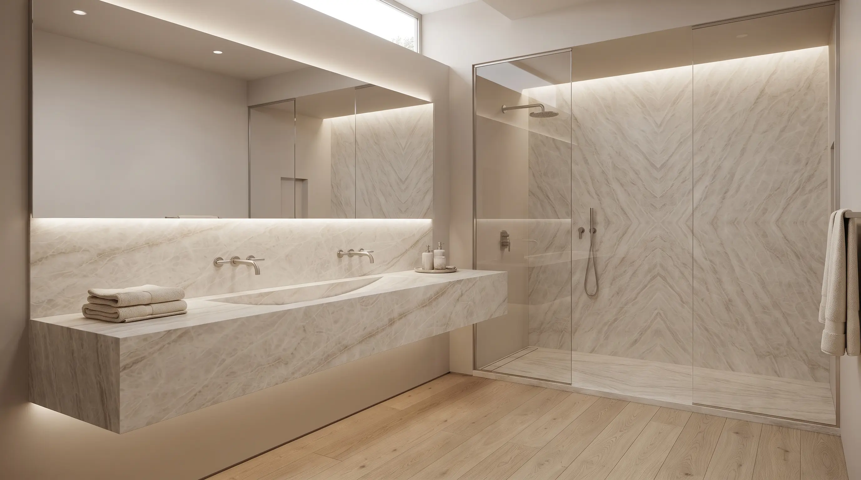 Taj Mahal quartzite shower and vanity project view