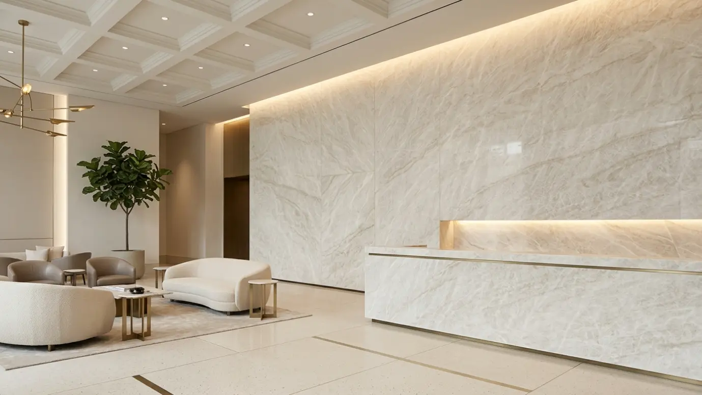 Taj Mahal quartzite commercial feature wall
