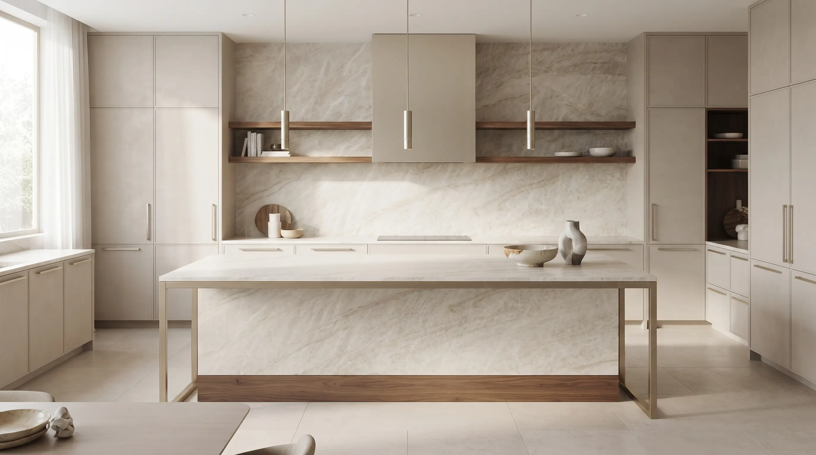 Taj Mahal quartzite countertop with soft veining