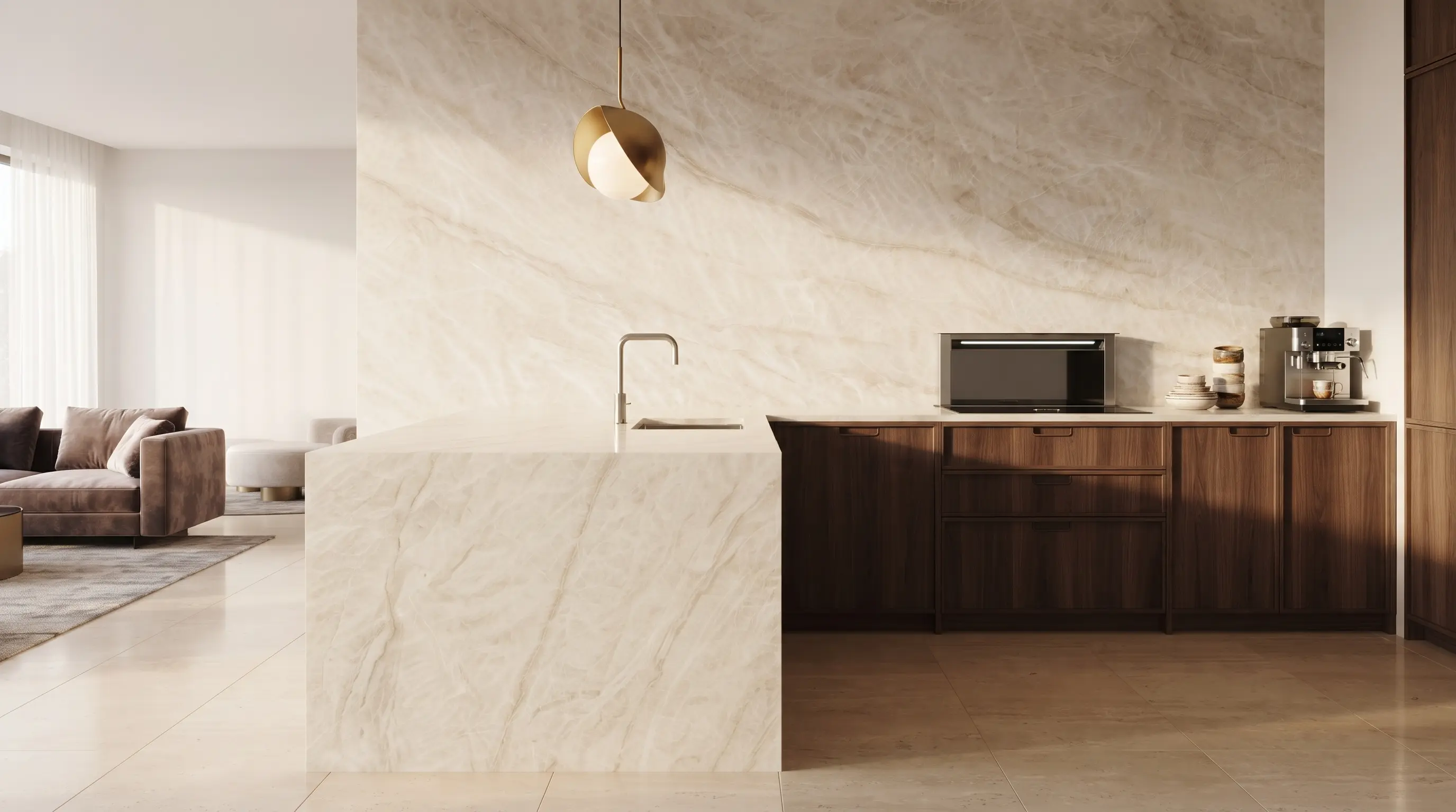 Taj Mahal quartzite countertop for warm kitchen design