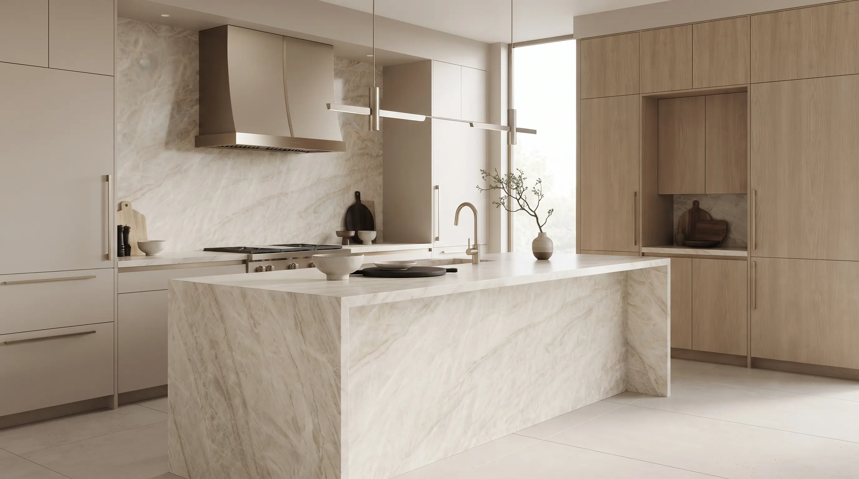 Taj Mahal quartzite island with warm ivory movement