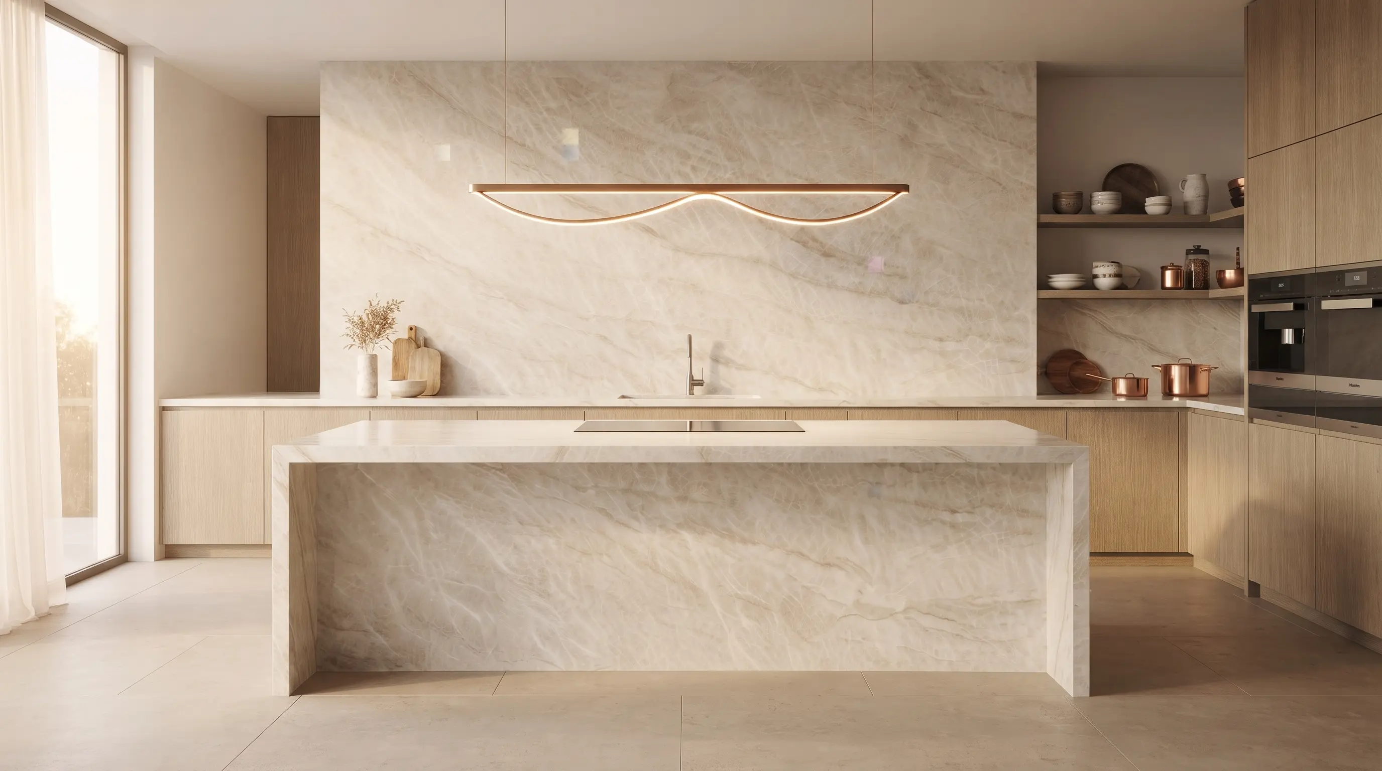 Luxury kitchen island using Taj Mahal quartzite tones
