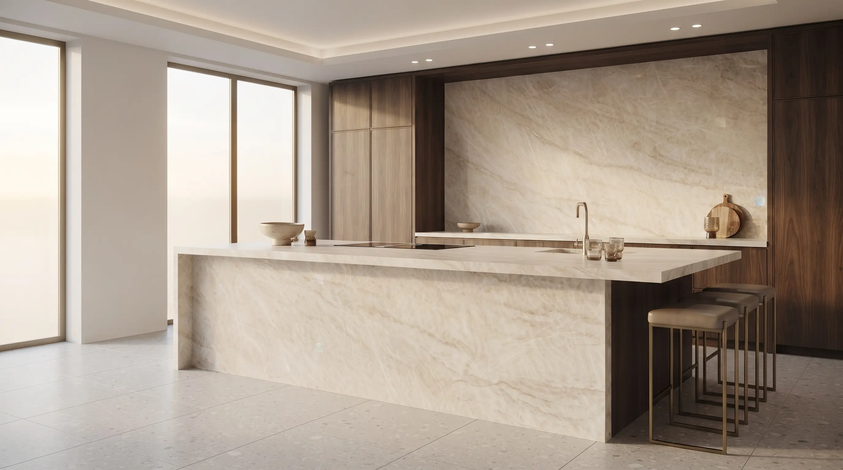 Refined Taj Mahal quartzite kitchen island visual
