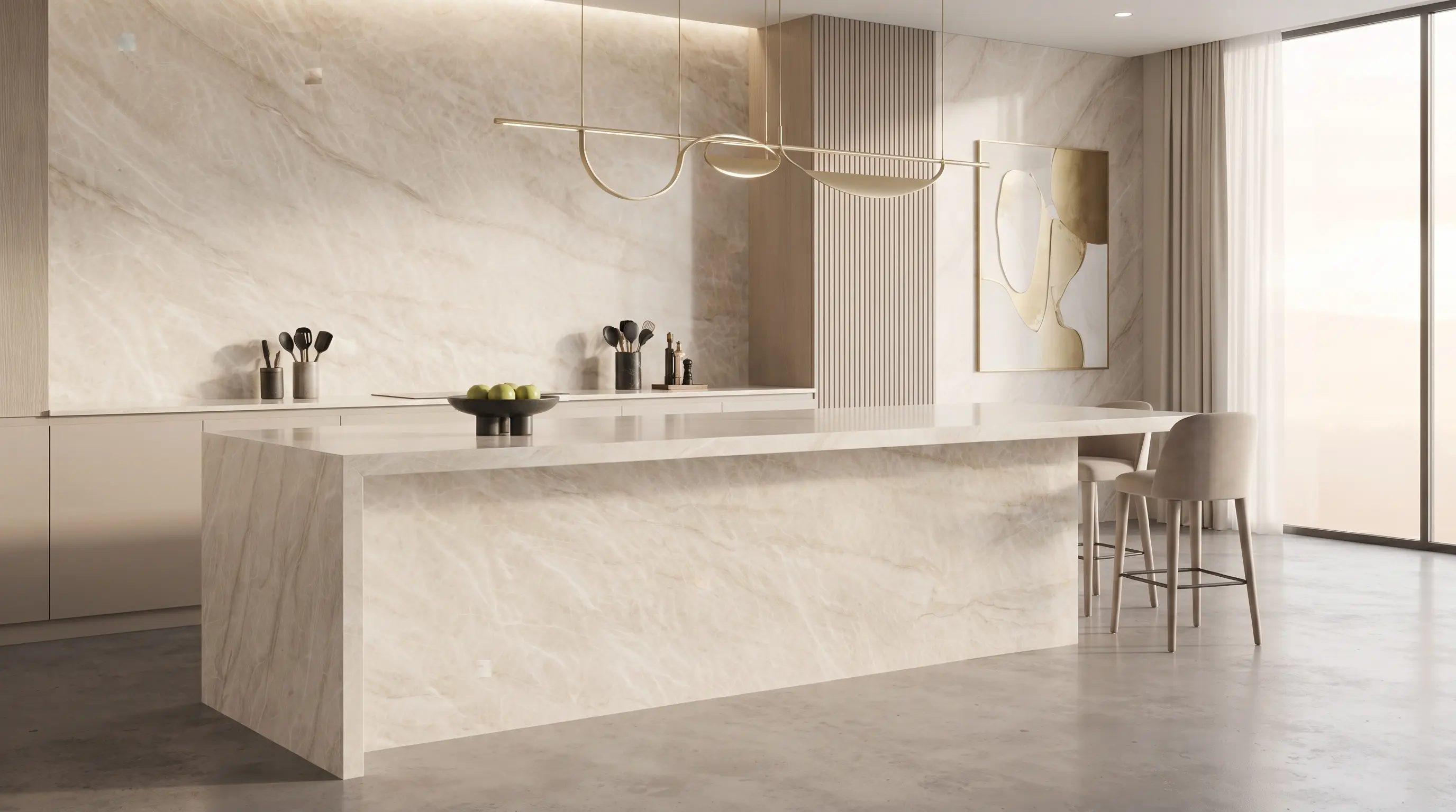 Warm Taj Mahal quartzite island for residential interiors