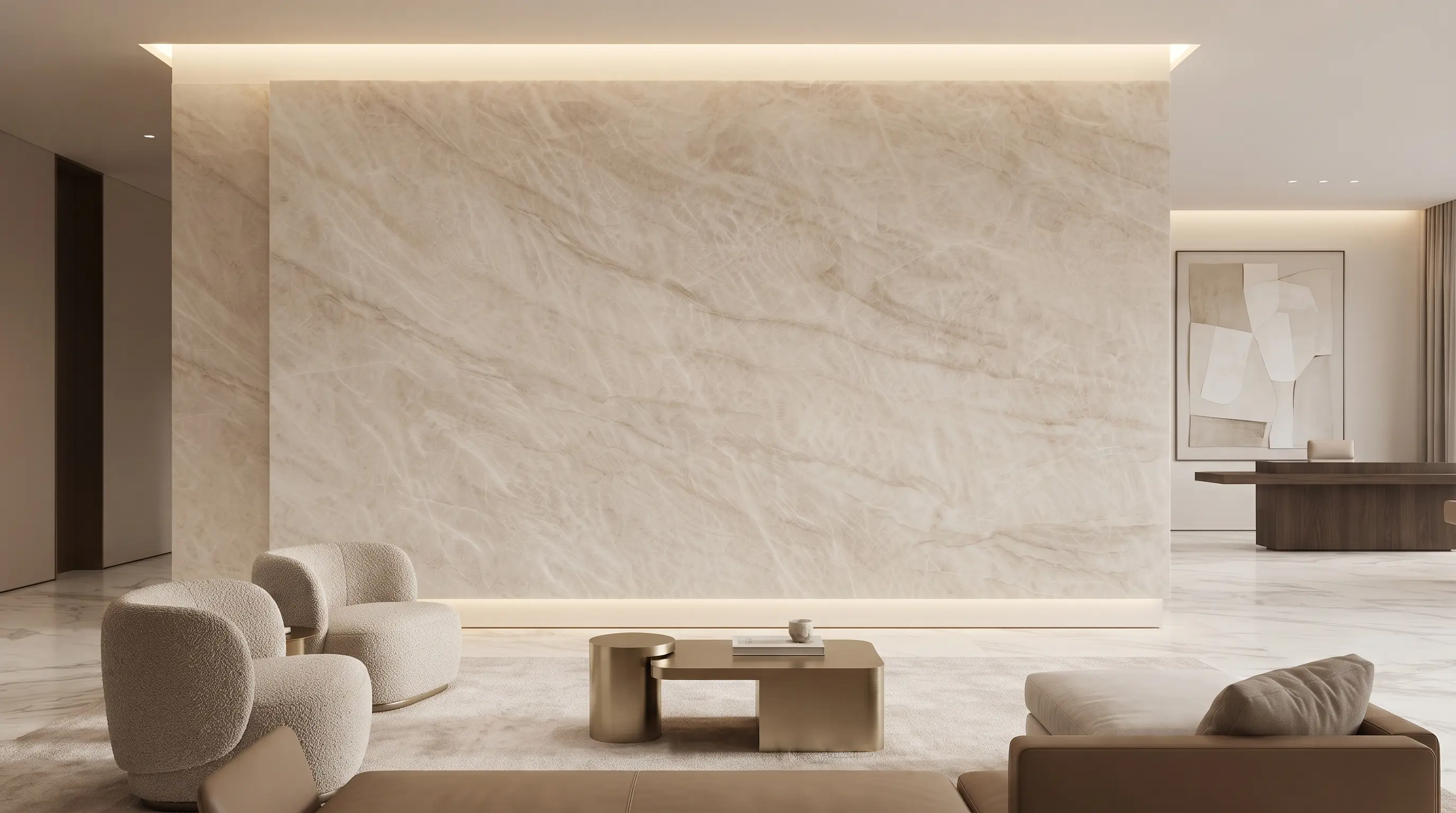 Taj Mahal quartzite living room feature wall