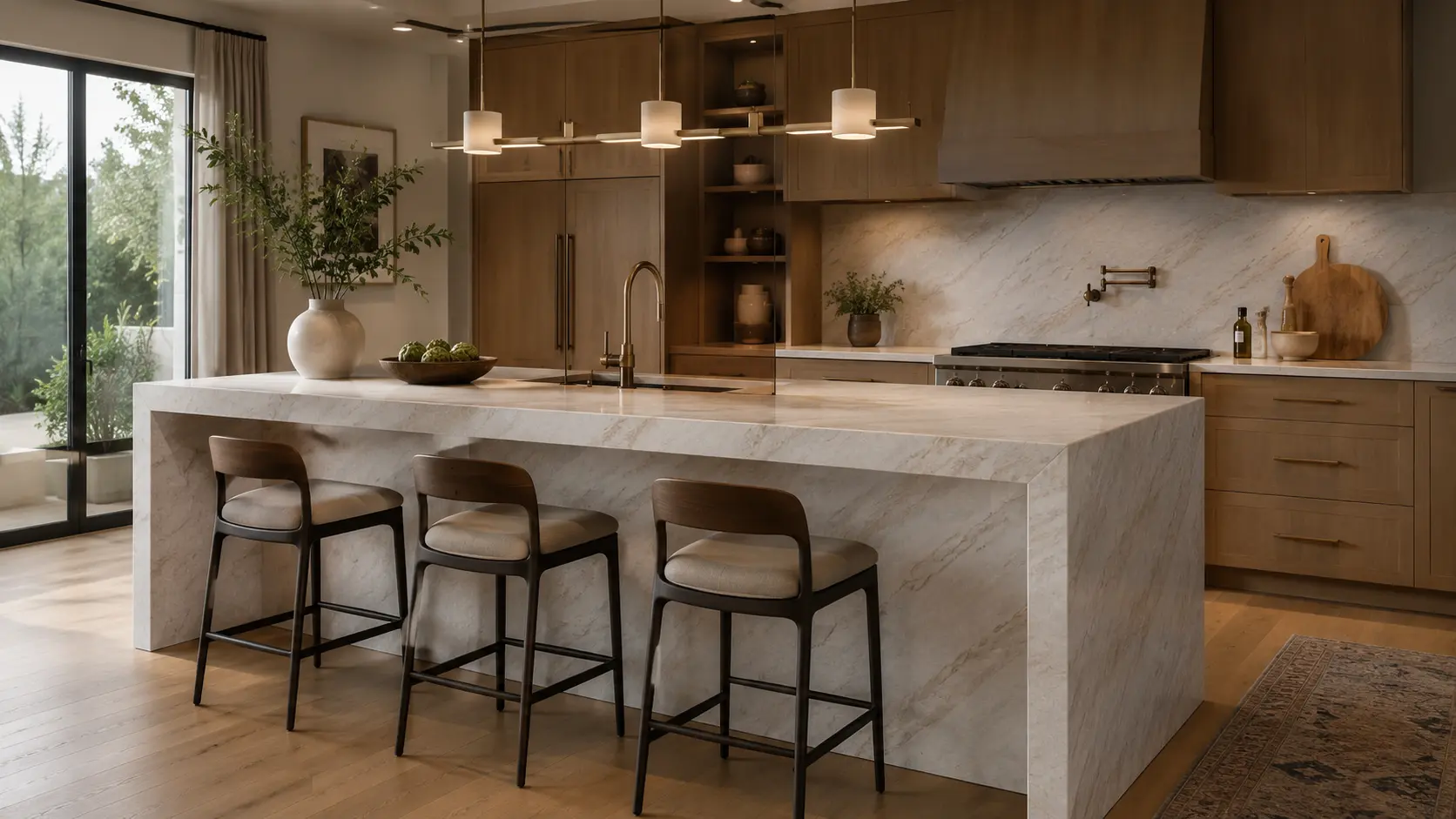Contemporary kitchen with Taj Mahal Quartzite island and warm wood cabinets