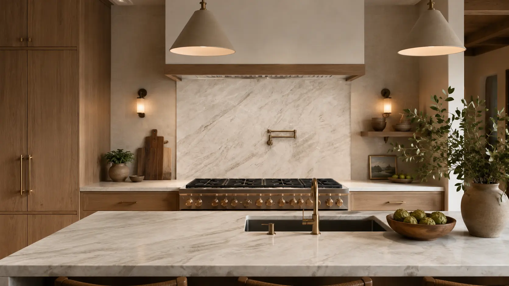 Taj Mahal Quartzite countertop with selective full-height slab backsplash