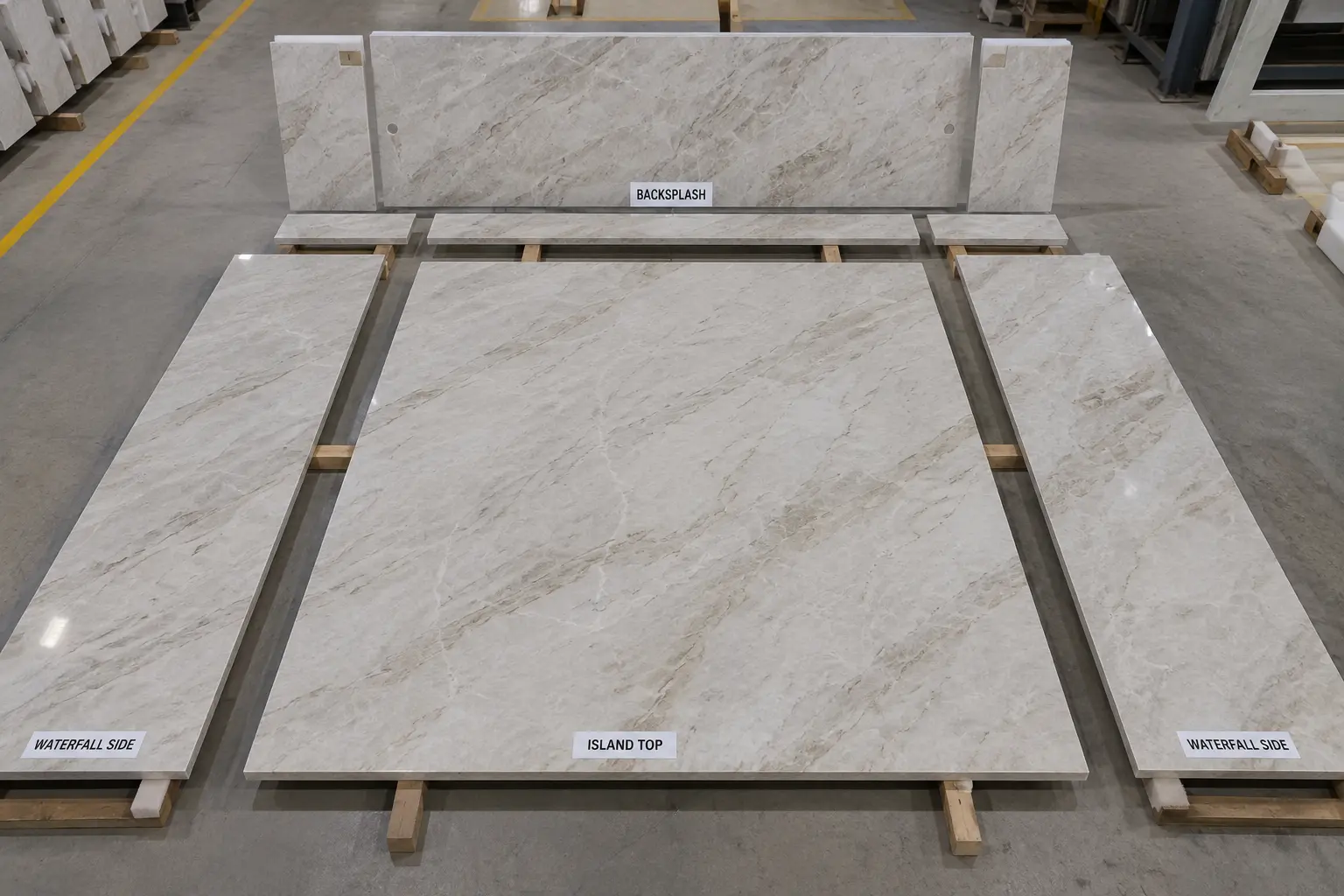 Taj Mahal Quartzite countertop dry layout with vein-matched components