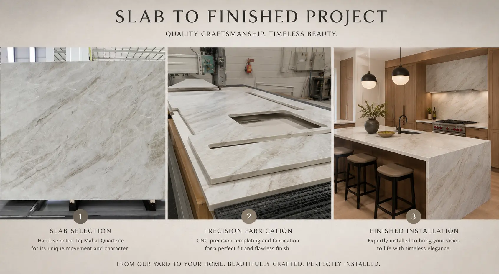 Taj Mahal Quartzite slab selection fabrication and finished kitchen project