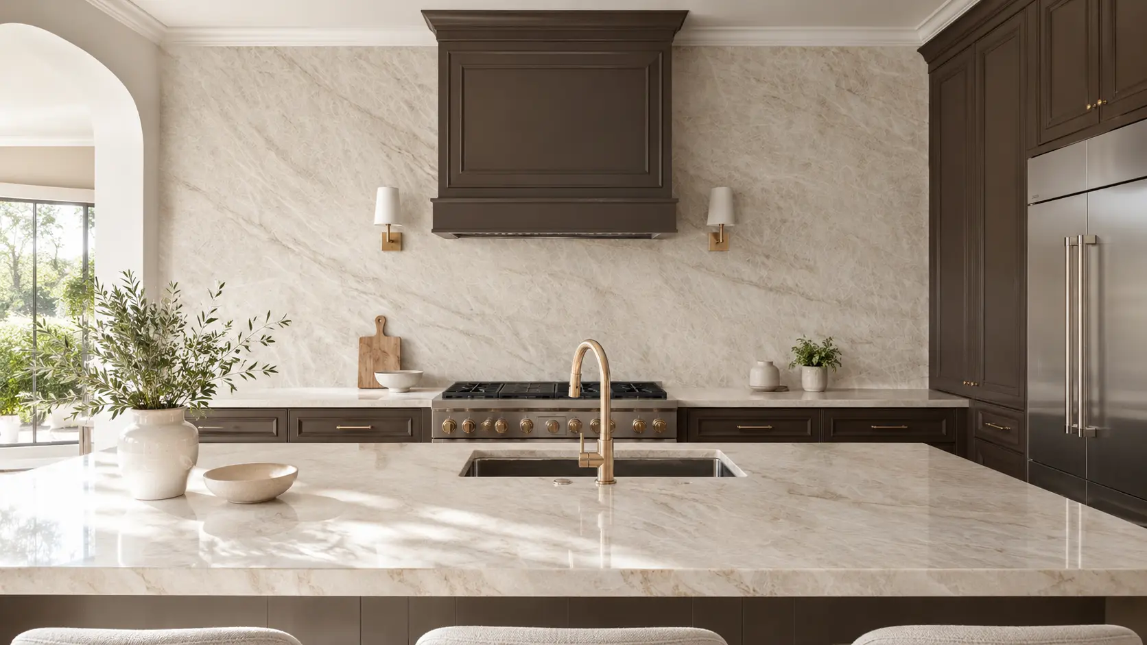 Taj Mahal Quartzite kitchen countertops with full-height backsplash