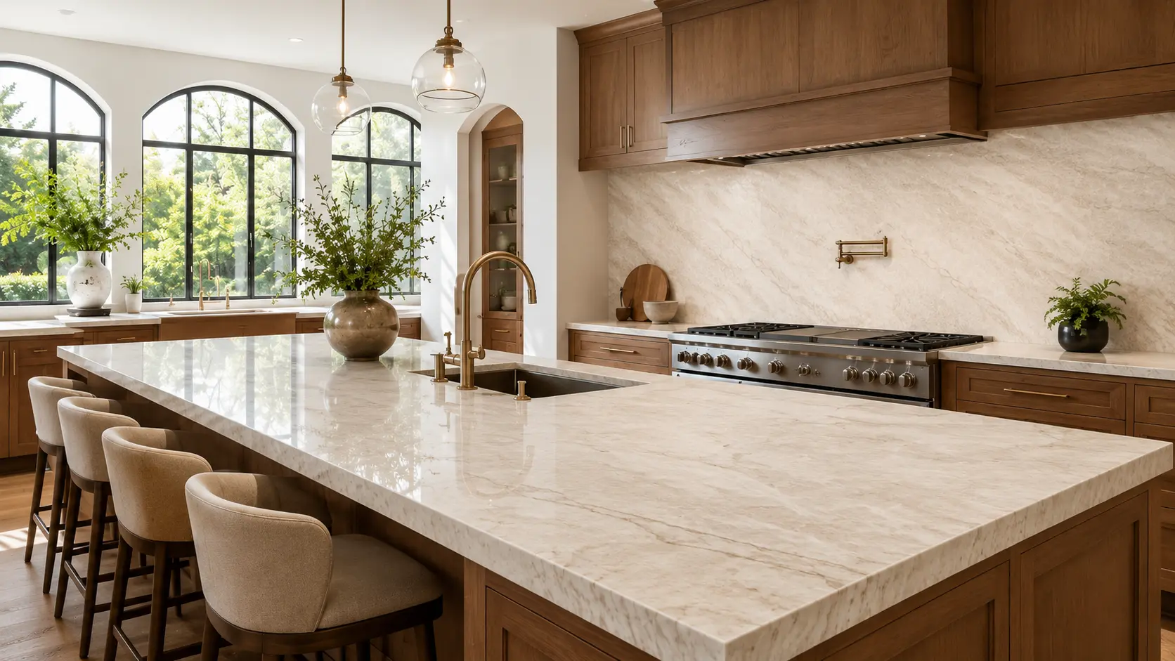 Warm kitchen island with Taj Mahal Quartzite countertop