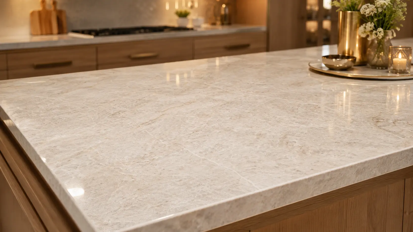 Polished Taj Mahal Quartzite countertop finish under warm kitchen lighting