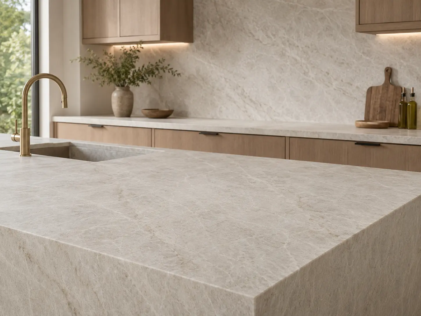 Taj Mahal Quartzite waterfall kitchen island close-up