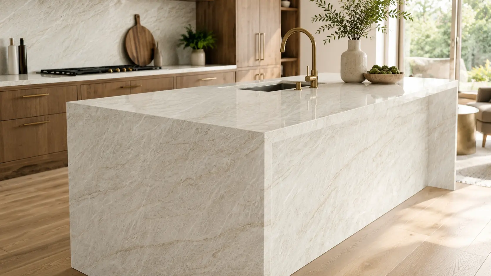 Taj Mahal Quartzite full-height backsplash and kitchen island