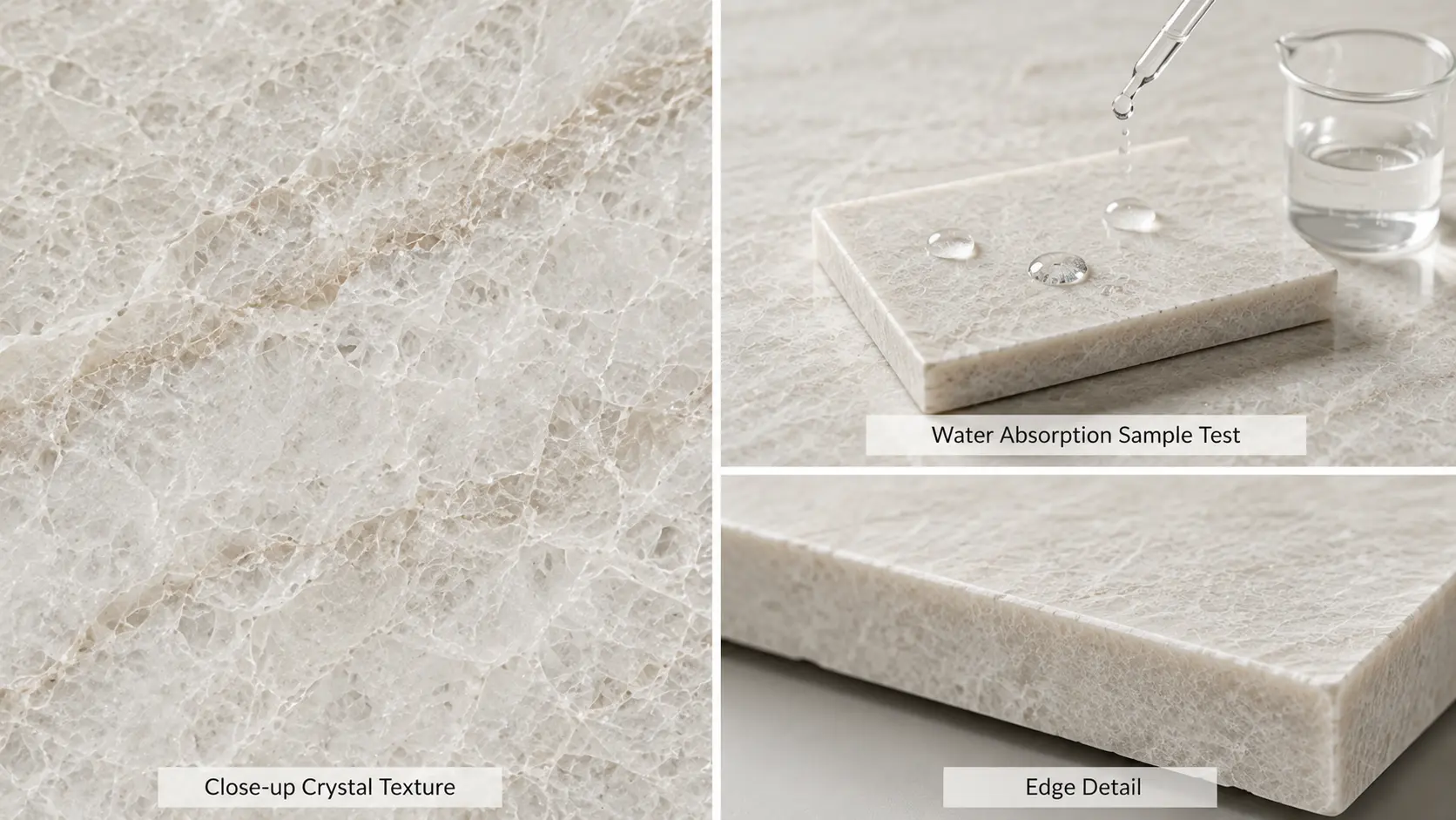 Taj Mahal Quartzite crystal texture edge detail and water absorption sample test