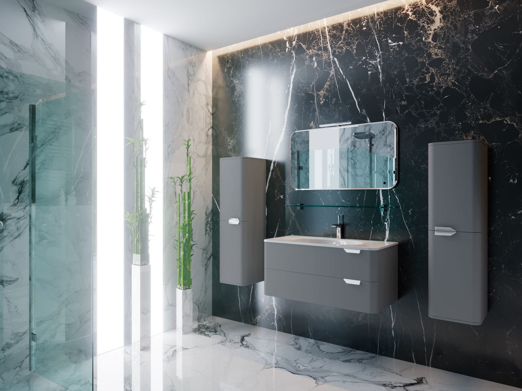 Contrasting stone bathroom wall design reference