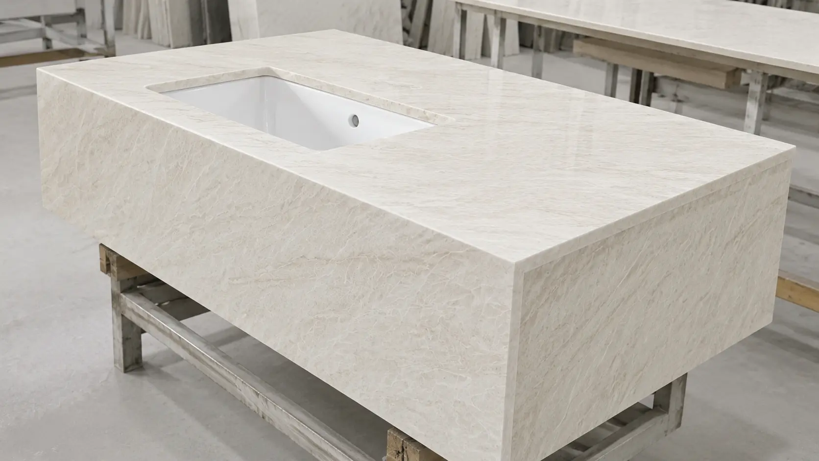 Cut-to-size Taj Mahal quartzite countertop with sink cutout