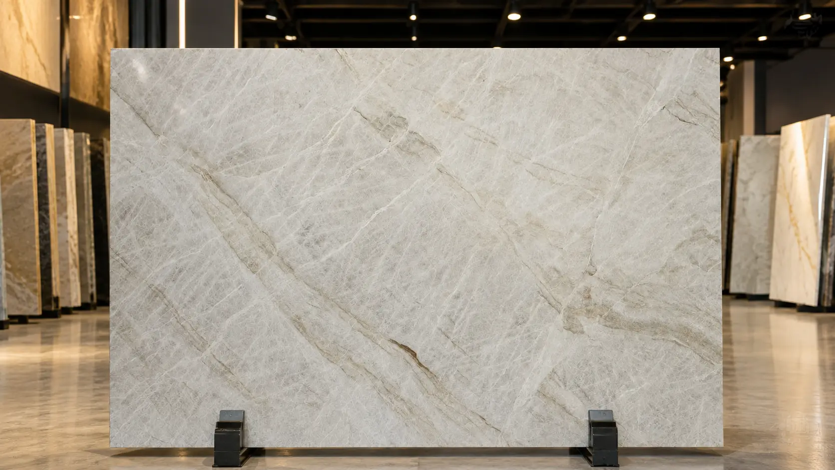 Factory display of Taj Mahal quartzite slabs