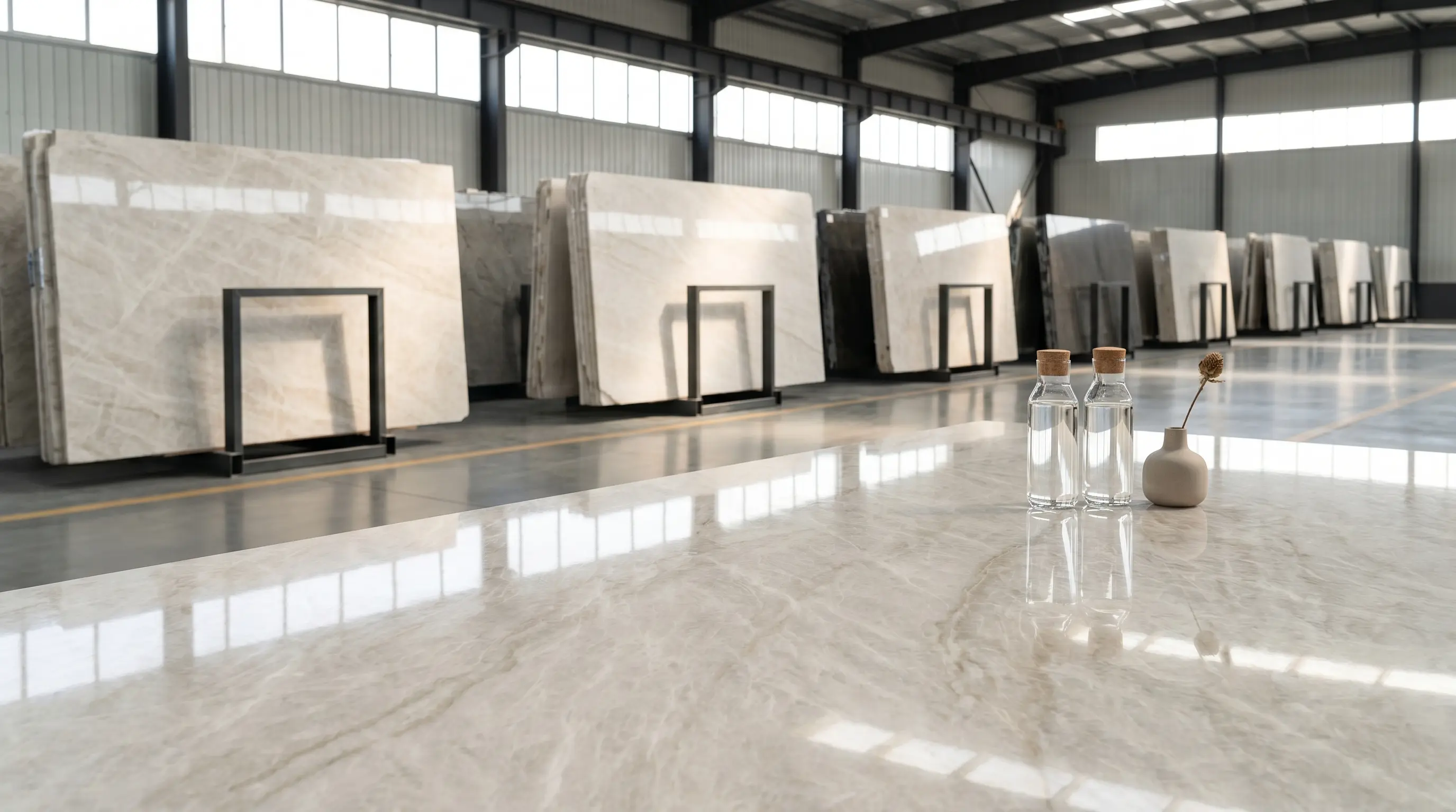 Taj Mahal quartzite slab display in warehouse