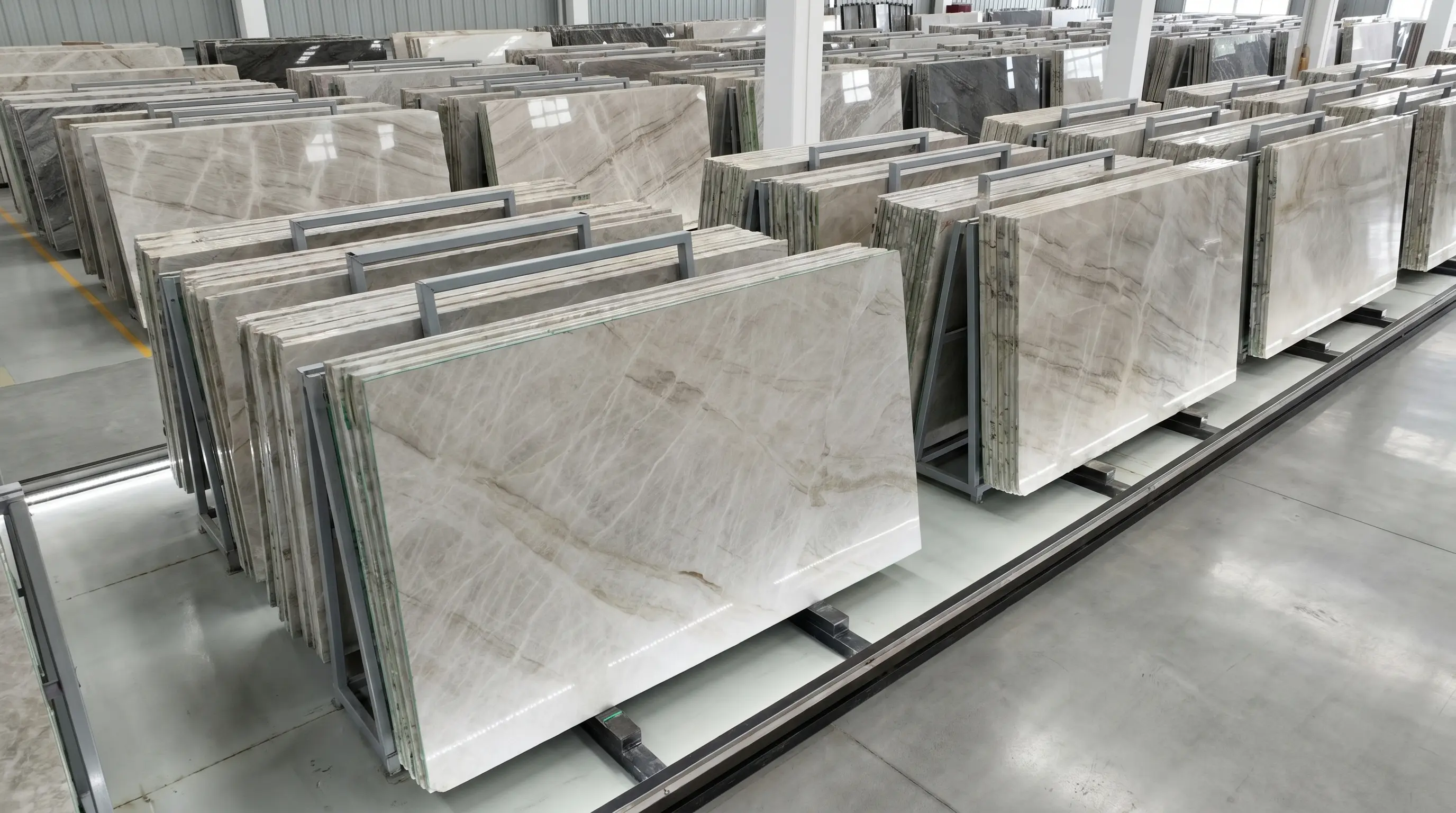 Taj Mahal quartzite slabs stored on factory racks