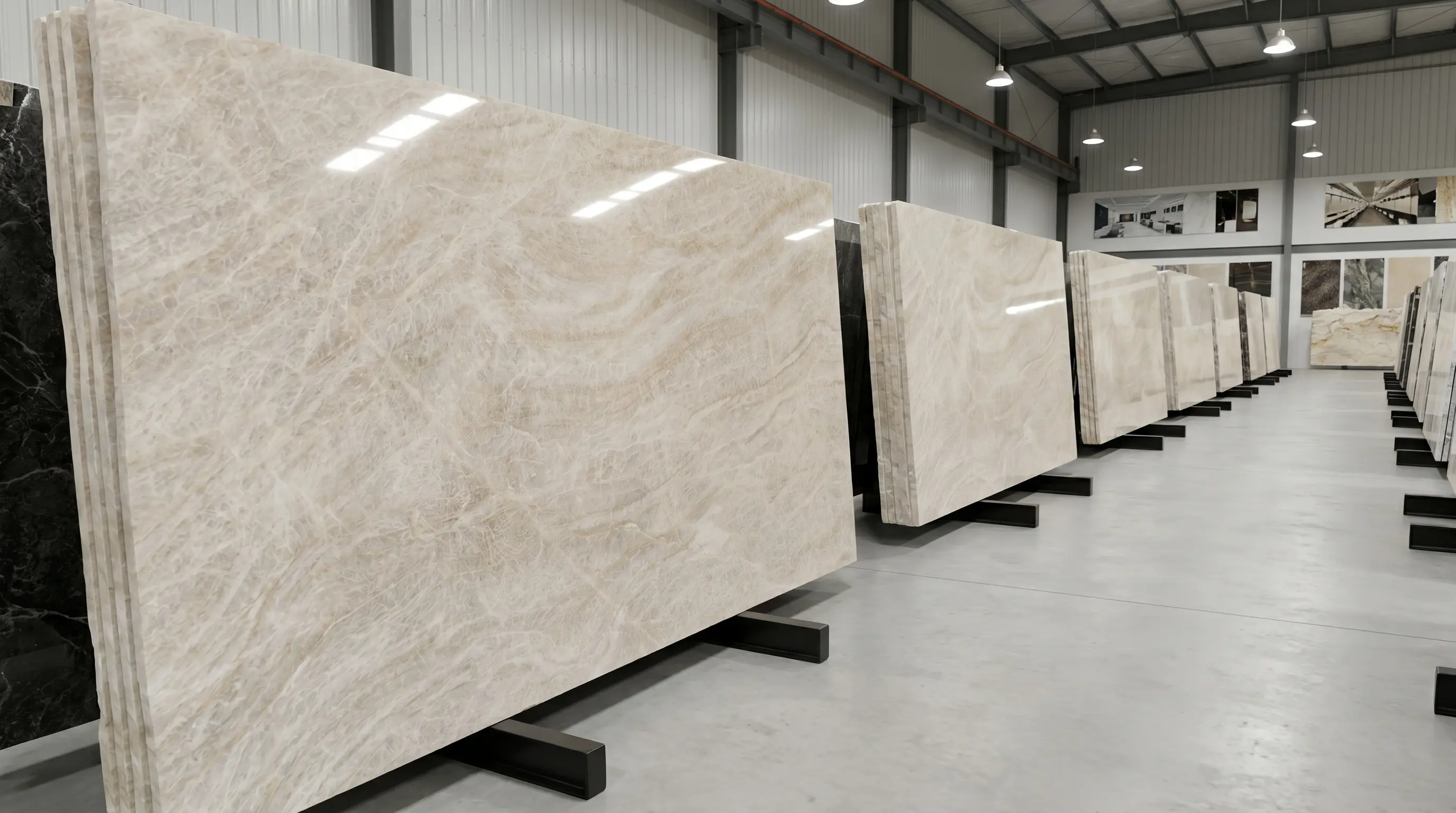 Taj Mahal quartzite slab selection in factory