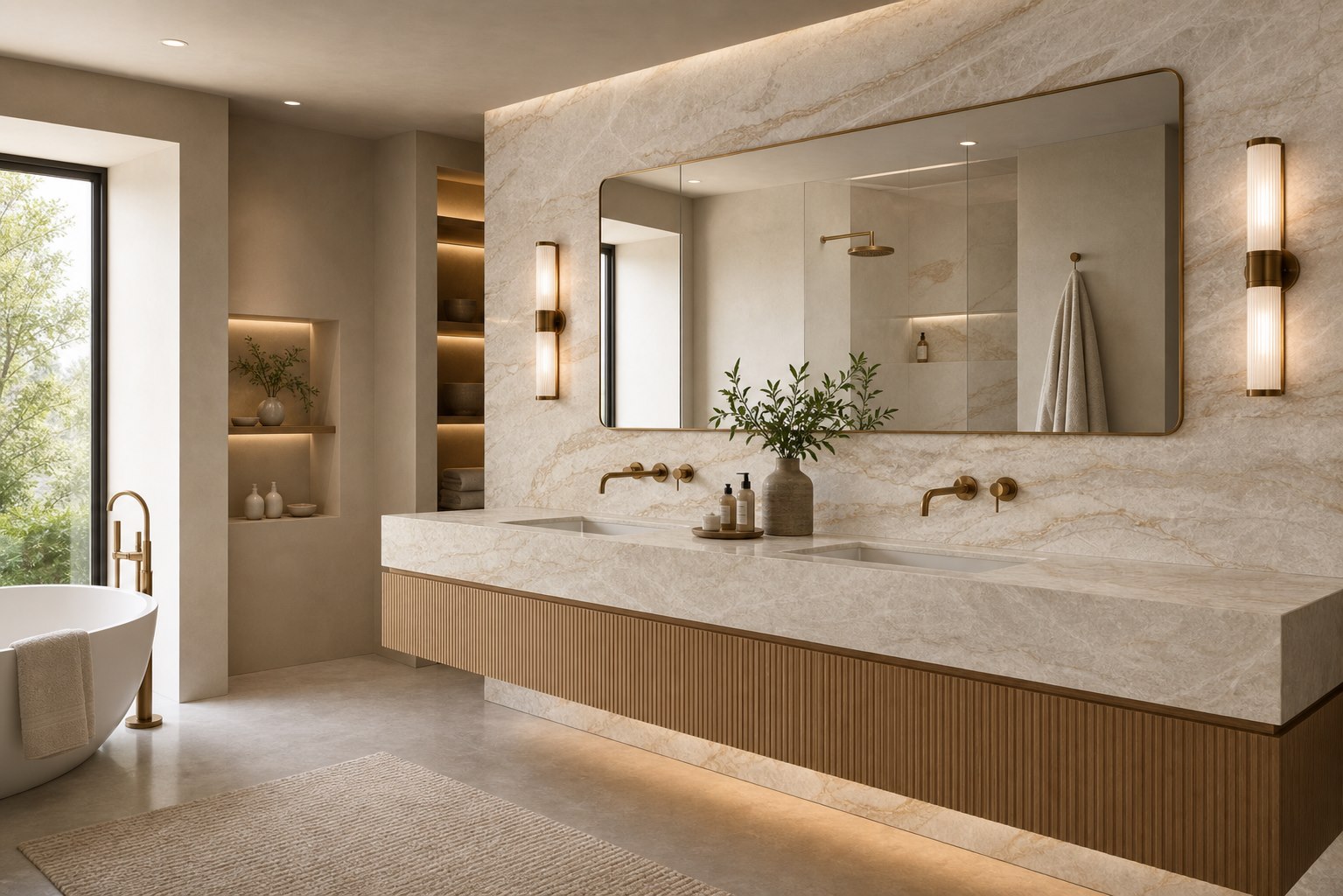 Taj Mahal quartzite vanity and feature wall visualization