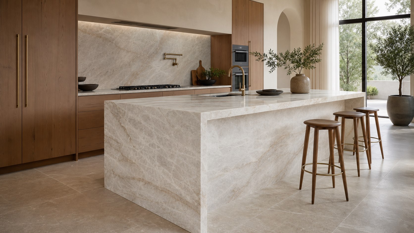 Taj Mahal quartzite waterfall kitchen island visualization