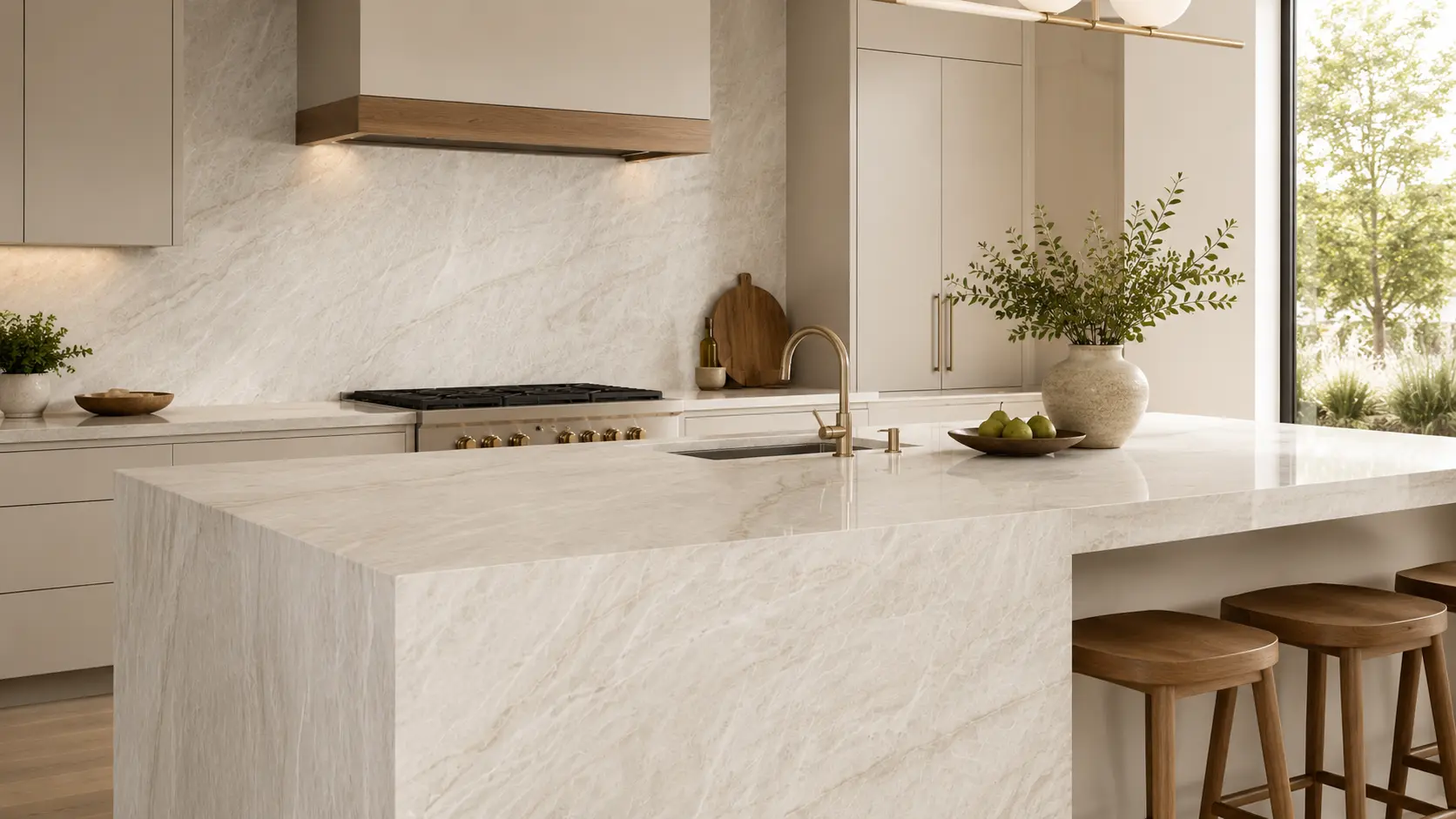 Taj Mahal quartzite kitchen island in a refined interior
